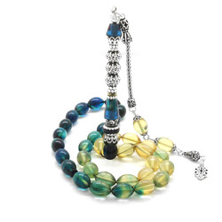 925 Sterling Silver With Tassel Silver With Three Polished Nakashi Decorated Filter Blue-White Fire-Amber Rosary - 3