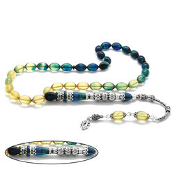925 Sterling Silver With Tassel Silver With Three Polished Nakashi Decorated Filter Blue-White Fire-Amber Rosary - 4