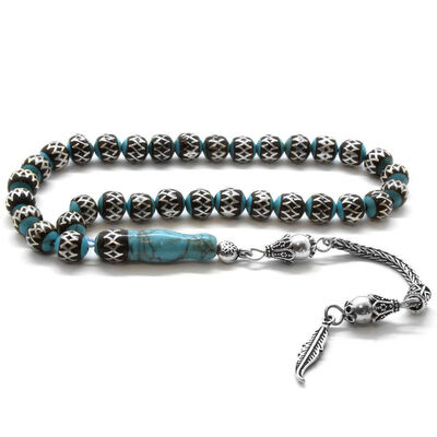 925 Sterling Silver With Tassel, Sphere Cut, Silver-Oltu, Spiral, Turquoise, Natural Stone, Tasbih - 1