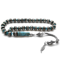 925 Sterling Silver With Tassel, Sphere Cut, Silver-Oltu, Spiral, Turquoise, Natural Stone, Tasbih - 2