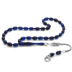925 Sterling Silver With Tassel Wrist Size Blue-Black Tightening Amber Rosary - Thumbnail