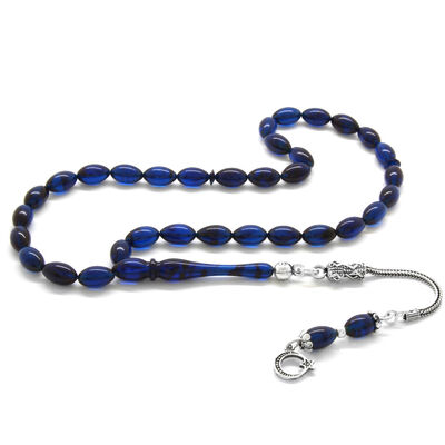 925 Sterling Silver With Tassel Wrist Size Blue-Black Tightening Amber Rosary - 1