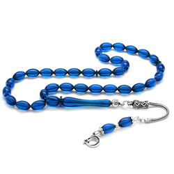 925 Sterling Silver With Tassel Wrist Size Navy Blue Tightened Amber Rosary - 1