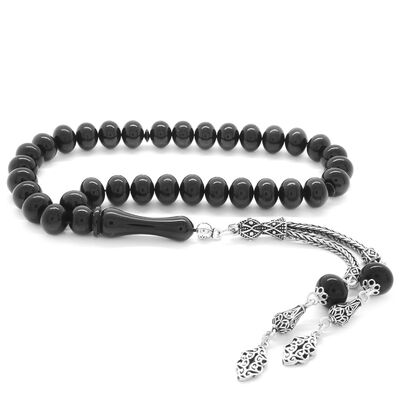 925 Sterling Silver With Tassels, Black, Dense, Amber, Tasbih - 1