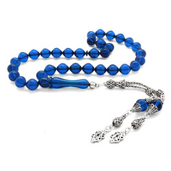 925 Sterling Silver With Tassels, Dark Blue Corrugated Amber Rosary - 1