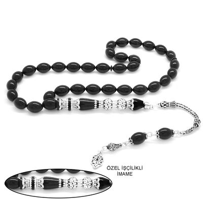 925 Sterling Silver With Tassels, Double Polished Nakkash Silver Rosary Decorated With Black Stamped Amber Rosary - 1