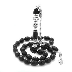 925 Sterling Silver With Tassels, Double Polished Nakkash Silver Rosary Decorated With Black Stamped Amber Rosary - Thumbnail