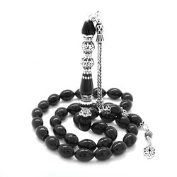 925 Sterling Silver With Tassels, Double Polished Nakkash Silver Rosary Decorated With Black Stamped Amber Rosary - 3