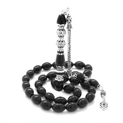 925 Sterling Silver With Tassels, Double Polished Nakkash Silver Rosary Decorated With Black Stamped Amber Rosary