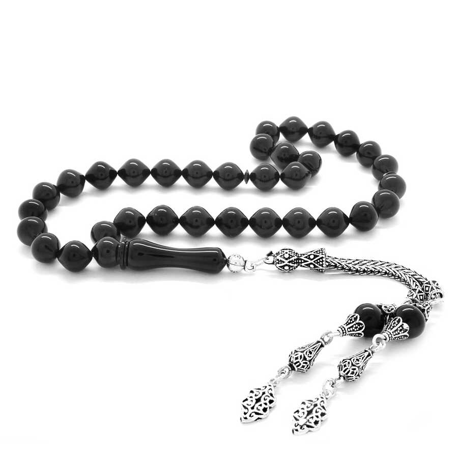 925 Sterling Silver With Tassels, Istanbul-Cut, Black Amber Rosary With Embossed