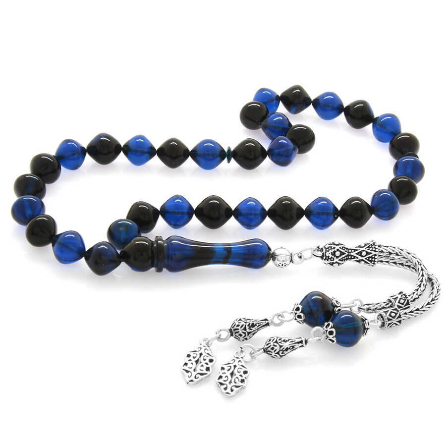 925 Sterling Silver With Tassels Istanbul Cut Blue Black Stamped Amber Rosary