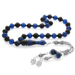 925 Sterling Silver With Tassels Istanbul Cut Blue Black Stamped Amber Rosary - Thumbnail
