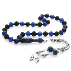 925 Sterling Silver With Tassels Istanbul Cut Blue Black Stamped Amber Rosary - 1