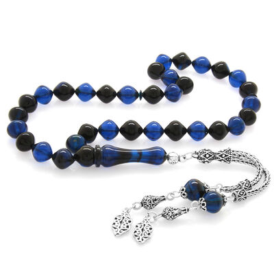 925 Sterling Silver With Tassels Istanbul Cut Blue Black Stamped Amber Rosary