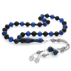 925 Sterling Silver With Tassels Istanbul Cut Blue Black Stamped Amber Rosary - 2