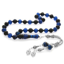 925 Sterling Silver With Tassels Istanbul Cut Blue Black Stamped Amber Rosary - 3