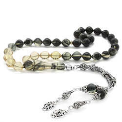 925 Sterling Silver With Tassels, Istanbul Cut Filter Black And White Fire Amber Rosary - Thumbnail