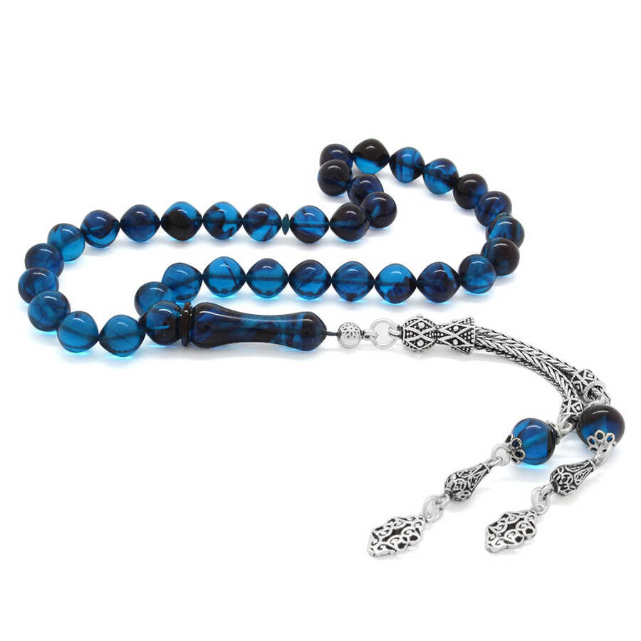 925 Sterling Silver With Tassels, Istanbul, Cut, Filtered Turquoise-Black, Fire-Amber Rosary