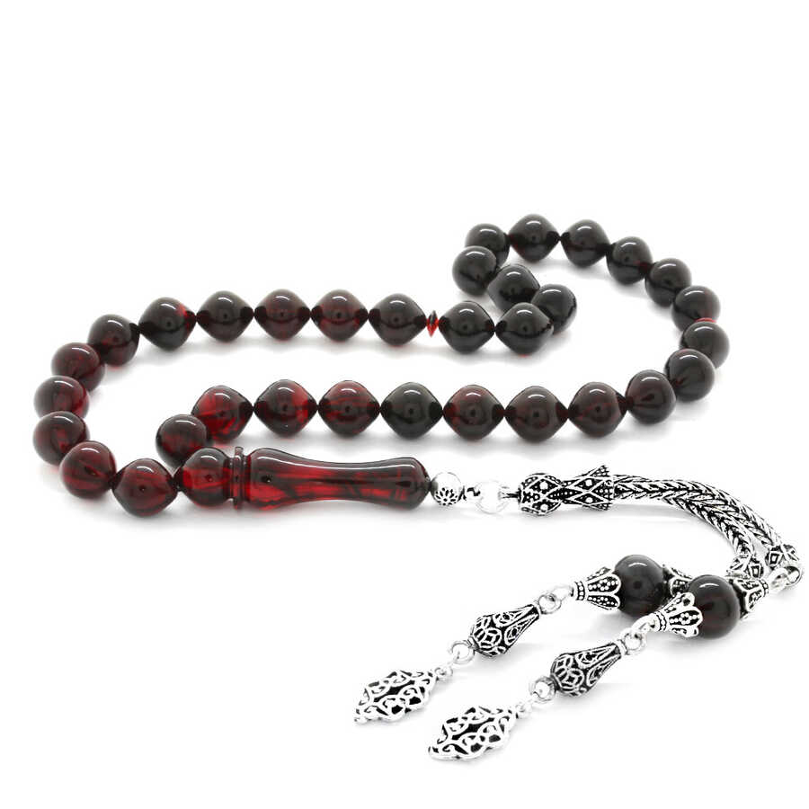925 Sterling Silver With Tassels, Istanbul, Faceted, Red-Black, Fire-Amber Rosary