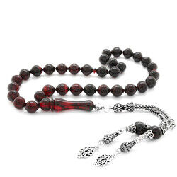 925 Sterling Silver With Tassels, Istanbul, Faceted, Red-Black, Fire-Amber Rosary