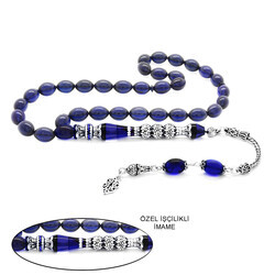 925 Sterling Silver With Tassels Of Silver With Three Polished Nakkash, Decorated With Dark Blue Corrugated Amber Rosary - Thumbnail
