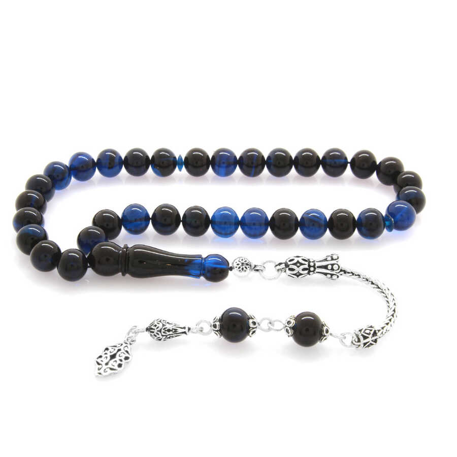 925 Sterling Silver With Tassels, Round Rosary With Blue And Black Stamped Amber Rosary