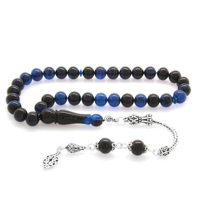 925 Sterling Silver With Tassels, Round Rosary With Blue And Black Stamped Amber Rosary - 1