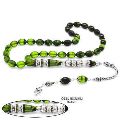 925 Sterling Silver With Tassels Silver Filter With Three Polished Nakkash With Decoration Green-Black Fire-Amber Rosary - 1