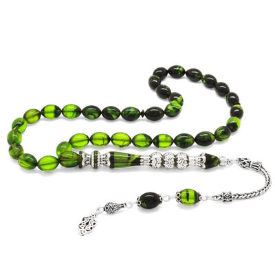 925 Sterling Silver With Tassels Silver Filter With Three Polished Nakkash With Decoration Green-Black Fire-Amber Rosary - 2