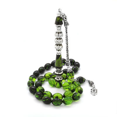 925 Sterling Silver With Tassels Silver Filter With Three Polished Nakkash With Decoration Green-Black Fire-Amber Rosary - 3