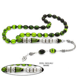 925 Sterling Silver With Tassels Silver Filter With Three Polished Nakkash With Decoration Green-Black Fire-Amber Rosary - 4