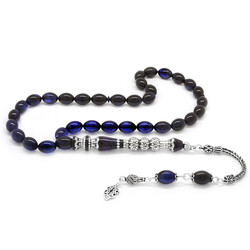 925 Sterling Silver With Tassels Silver Filter With Three Polished Nakkashi Blue-Black Compressed Amber Rosary - Thumbnail
