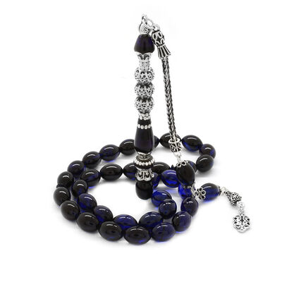925 Sterling Silver With Tassels Silver Filter With Three Polished Nakkashi Blue-Black Compressed Amber Rosary