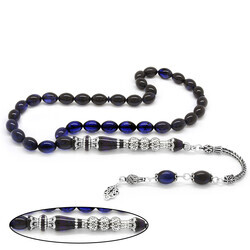 925 Sterling Silver With Tassels Silver Filter With Three Polished Nakkashi Blue-Black Compressed Amber Rosary - Thumbnail