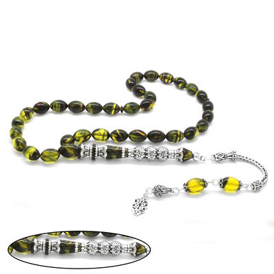 925 Sterling Silver With Tassels Silver Filter With Three Polished Nakkashi Yellow-Black Fire-Amber Rosary - 1