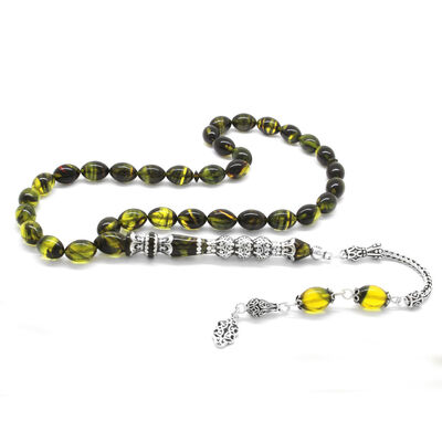 925 Sterling Silver With Tassels Silver Filter With Three Polished Nakkashi Yellow-Black Fire-Amber Rosary - 2