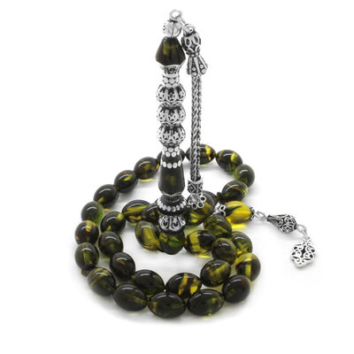 925 Sterling Silver With Tassels Silver Filter With Three Polished Nakkashi Yellow-Black Fire-Amber Rosary