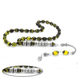 925 Sterling Silver With Tassels Silver Filter With Three Polished Nakkashi Yellow-Black Fire-Amber Rosary - Thumbnail