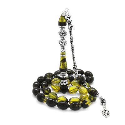 925 Sterling Silver With Tassels Silver Minaret Of Nakkash Decorated Filter Yellow-Black Fire-Amber Rosary
