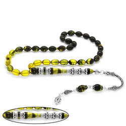 925 Sterling Silver With Tassels Silver Minaret Of Nakkash Decorated Filter Yellow-Black Fire-Amber Rosary
