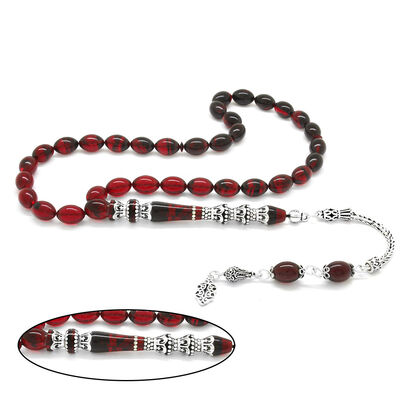 925 Sterling Silver With Tassels Silver Minaret Of Nakkash Decorated Filtered Red-Black Fire-Amber Rosary - 1