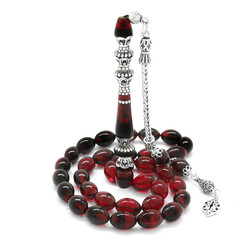 925 Sterling Silver With Tassels Silver Minaret Of Nakkash Decorated Filtered Red-Black Fire-Amber Rosary - 2