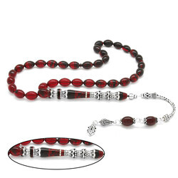 925 Sterling Silver With Tassels Silver Minaret Of Nakkash Decorated Filtered Red-Black Fire-Amber Rosary - 3