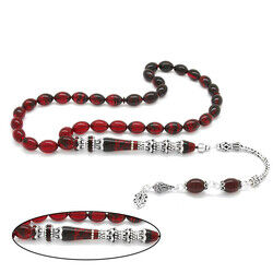 925 Sterling Silver With Tassels Silver Minaret Of Nakkash Decorated Filtered Red-Black Fire-Amber Rosary - 3