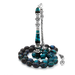925 Sterling Silver With Tassels Silver Minaret Of Nakkash Decorated Filtered Turquoise Black Fire Amber Rosary - Thumbnail