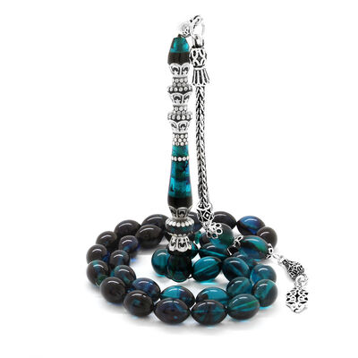 925 Sterling Silver With Tassels Silver Minaret Of Nakkash Decorated Filtered Turquoise Black Fire Amber Rosary