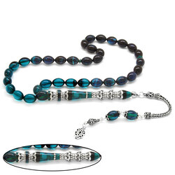 925 Sterling Silver With Tassels Silver Minaret Of Nakkash Decorated Filtered Turquoise Black Fire Amber Rosary - Thumbnail