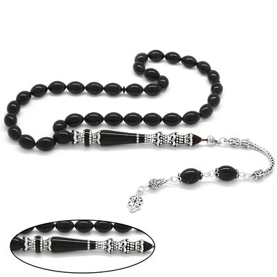 925 Sterling Silver With Tassels Silver Minaret Of Nakkash Decorated With Black Tightened Amber Rosary - 1