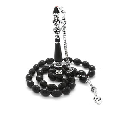 925 Sterling Silver With Tassels Silver Minaret Of Nakkash Decorated With Black Tightened Amber Rosary - 2