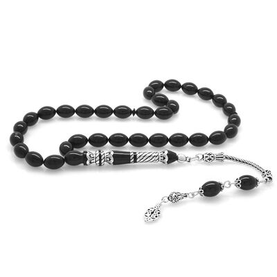 925 Sterling Silver With Tassels Silver Nakkaş Decorated Black Tightened Amber Rosary - 2